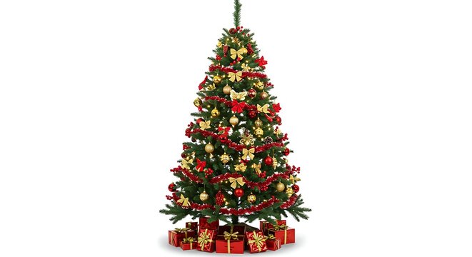 Festive Christmas Tree Decorated with Red and Gold Ornaments and Presents