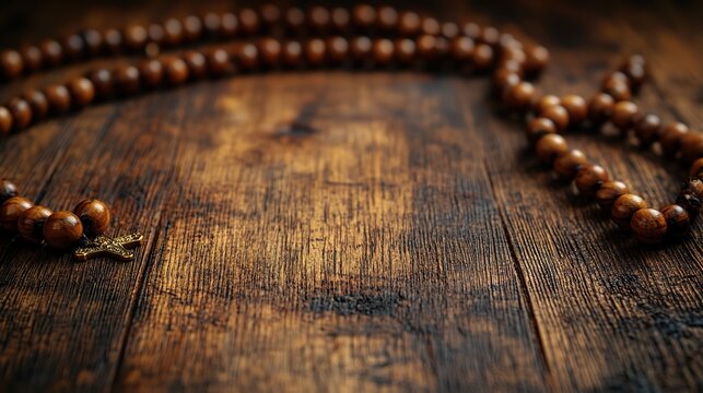 a wooden table with the catholic church liturgy and rosary beads