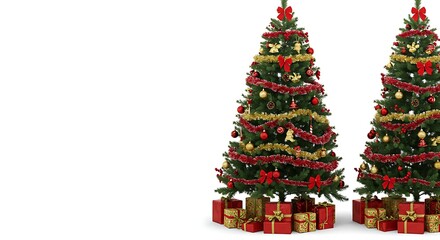 Festive Christmas Trees Decorated with Red and Gold Ornaments and Presents