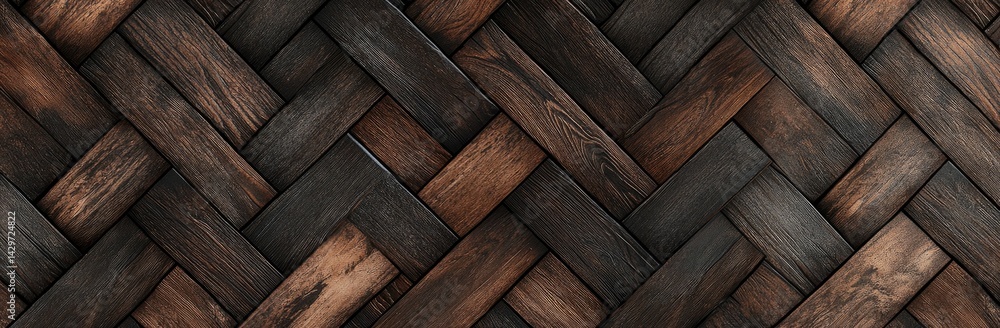 Poster a close-up view of an intricate herringbone wooden floor design showcasing a blend of dark and light