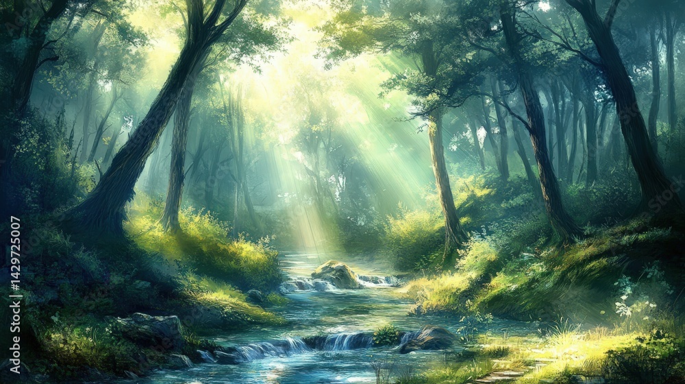 Poster sunlight streams through a tranquil forest path.