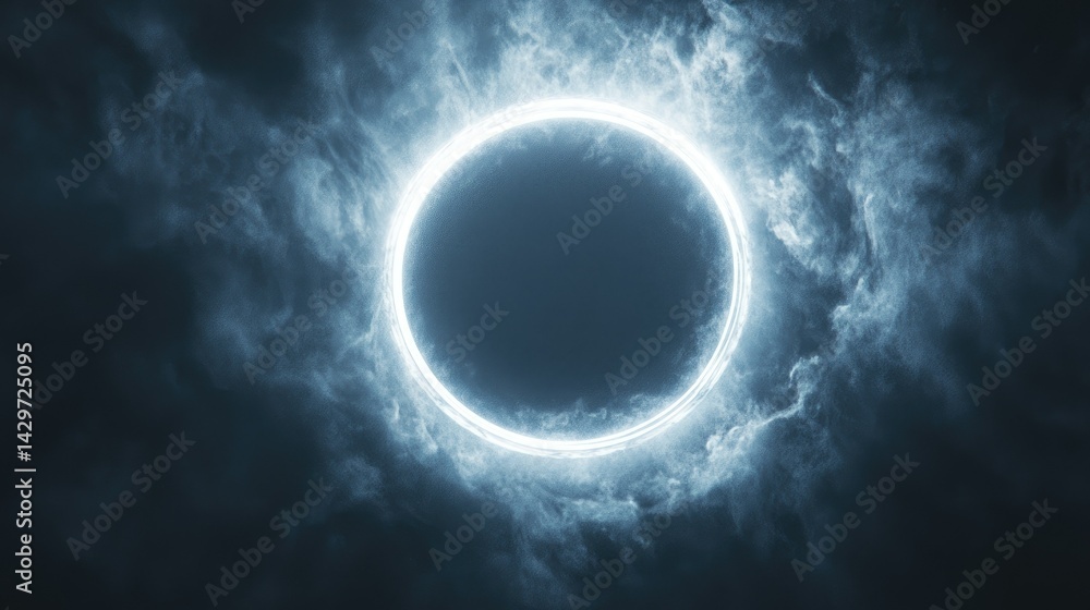 Poster a vibrant cosmic explosion of blue and white light radiating from a central point. set against a bla