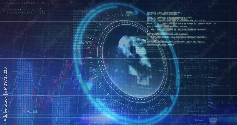 Poster futuristic hud displaying 3d skull mesh within holographic grid, animating line graphs and code