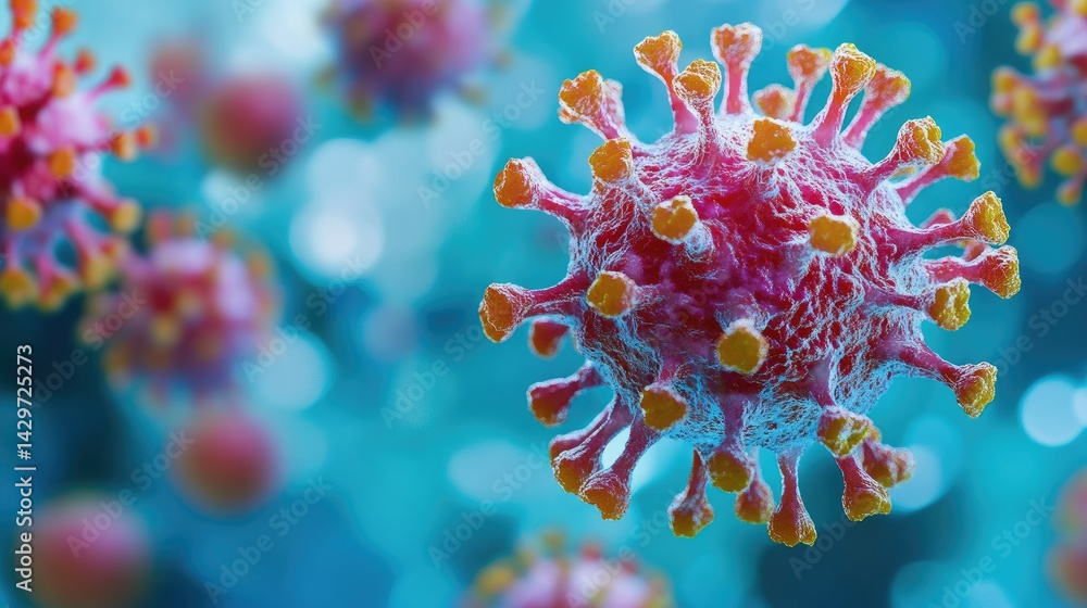 Poster close-up view of colorful virus particles floating in a dark. underwater environment. showcasing int