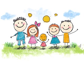 Happy Family: Childlike Sketch of Joyful Kids and Parents