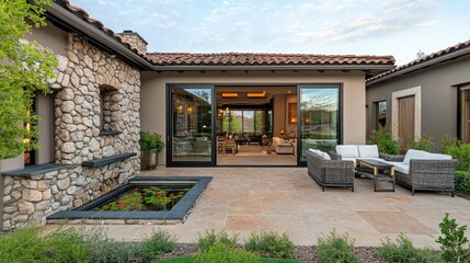 Modern outdoor living space featuring a stylish patio with seating. surrounded by lush greenery and a tranquil water feature. capturing a serene evening ambiance