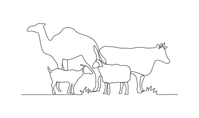 One continuous line drawing of various animal for sacrifice in the Eid Adha Mubarak vector illustration. Cow, sheep, camel and goat for celebration in the Islamic holiday in linear style concept.
