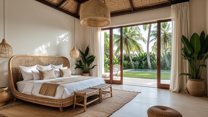 Modern living room interior features a sofa and bed, showcasing luxury home design with a window view