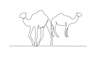 One continuous line drawing of various animal for sacrifice in the Eid Adha Mubarak vector illustration. Cow, sheep, camel and goat for celebration in the Islamic holiday in linear style concept.