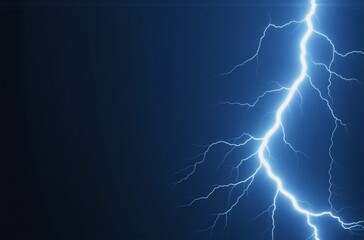 A vibrant blue lightning bolt streaks across a dark navy background, its jagged path illuminating the scene with bright energy.  The contrast is stark and dramatic.
