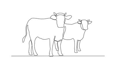 One continuous line drawing of various animal for sacrifice in the Eid Adha Mubarak vector illustration. Cow, sheep, camel and goat for celebration in the Islamic holiday in linear style concept.