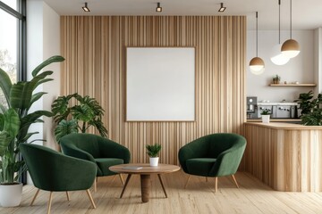 Modern office lounge featuring stylish green chairs and a wooden backdrop. with lush plants enhancing the ambiance. ideal for collaborative meetings or relaxation