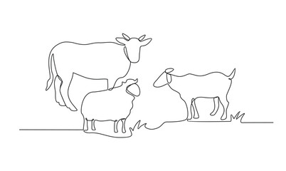 One continuous line drawing of various animal for sacrifice in the Eid Adha Mubarak vector illustration. Cow, sheep, camel and goat for celebration in the Islamic holiday in linear style concept.