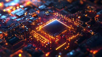 A computer chip is lit up with a bright orange glow. The chip is surrounded by other electronic components, creating a futuristic and technological atmosphere