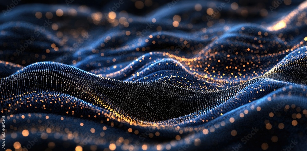 Poster abstract depiction of flowing waves in deep blue and gold tones. creating a sense of movement and tr