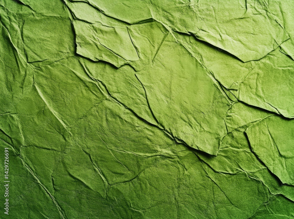 Poster close-up view of textured green crumpled paper. showcasing intricate folds and creases. ideal for ba