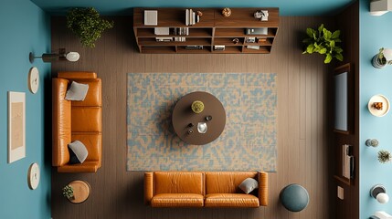Top View of Modern Living Room Interior Design with Leather Sofas and Stylish Decor