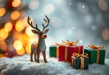 Christmas Reindeer with Gift Boxes on Snowy Background and Bokeh Lights"
