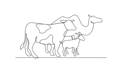 One continuous line drawing of various animal for sacrifice in the Eid Adha Mubarak vector illustration. Cow, sheep, camel and goat for celebration in the Islamic holiday in linear style concept.
