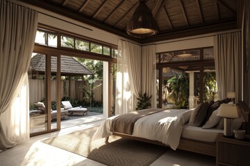 a bedroom in a tropical villa with a beautiful garden