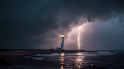 Radiant lighthouse beacon cutting through tempestuous night sky guiding maritime vessels with unwavering navigational clarity.