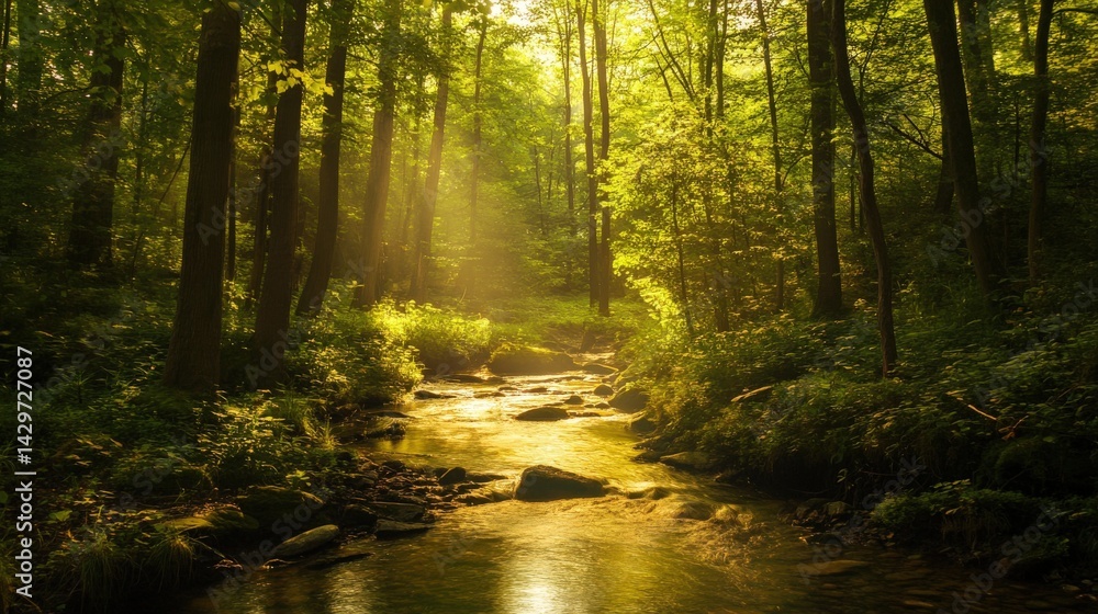Poster sunlight streams through a verdant forest, illuminating a small brook.
