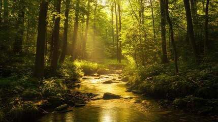 Obraz premium Sunlight streams through a verdant forest, illuminating a small brook.