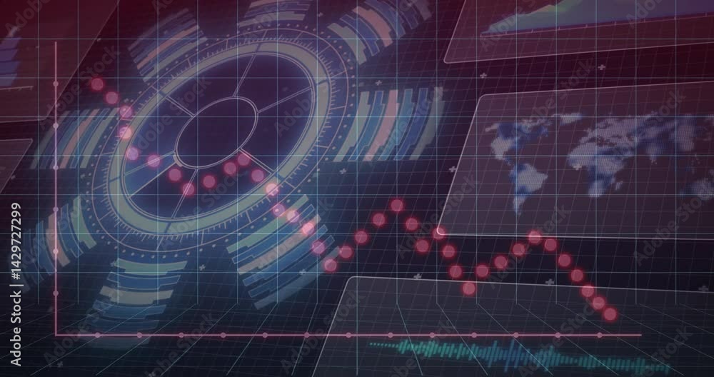 Poster futuristic circular hud interface showing red dotted graph, world map panel and waveform on 3d grid
