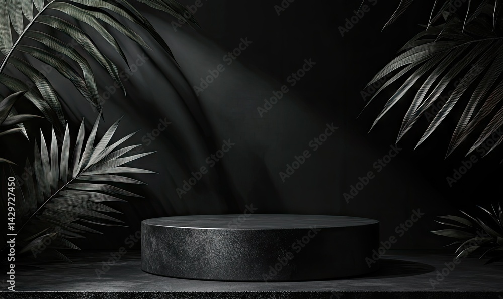 Poster a sleek. modern display platform surrounded by lush. dark green palm leaves under soft lighting. cre