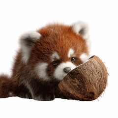 Obraz premium Adorable Red Panda Cub with Coconut Shell on Blue Background