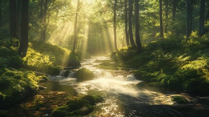 Obraz premium Sunlight streams through a tranquil forest creek.