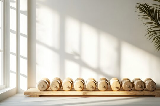 A modern fitness studio interior featuring a neatly arranged row of dumbbells on a wooden shelf. with natural light streaming in through large windows and greenery in the background