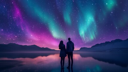 Obraz premium Couple gazing at the vibrant aurora borealis over a serene lake.