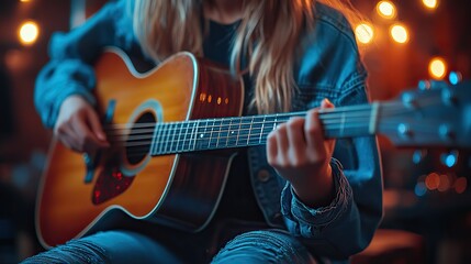Naklejka premium A young musician passionately sings and plays acoustic guitar during a live performance or studio recording, showcasing talent.