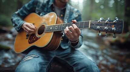 Fototapeta premium A young musician passionately sings and plays acoustic guitar during a live performance or studio recording, showcasing talent.