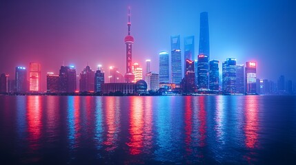 Obraz premium Vibrant city skyline at night with colorful neon lights reflecting on water.