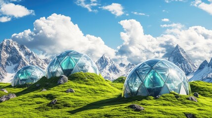 Crystal geodesic domes nestled in a mountainous, grassy landscape.