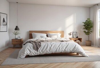 Spacious Scandinavian bedroom, king-size bed, white bedding, natural light ,  bed frame,  simple