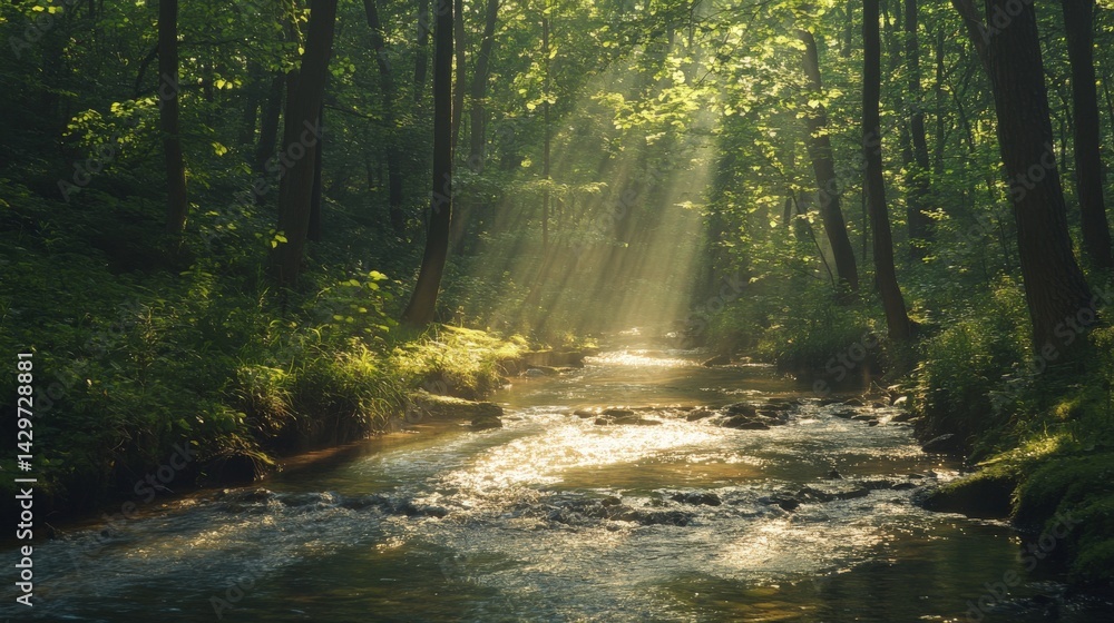 Poster sunlight streams through a tranquil forest stream.