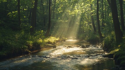 Obraz premium Sunlight streams through a tranquil forest stream.