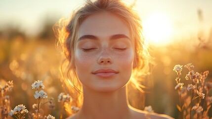 Fototapeta premium A young woman enjoys fresh air and sunlight, touching her nose with closed eyes, highlighting the importance of breathing.