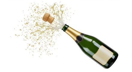 Champagne bottle popping open with cork flying and liquid splashing for celebration success party event festive occasion new year