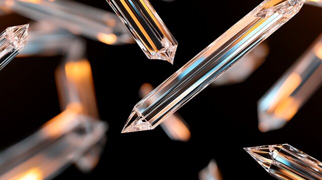 Sharp, clear crystal formations float in a dark space, reflecting orange and blue lights