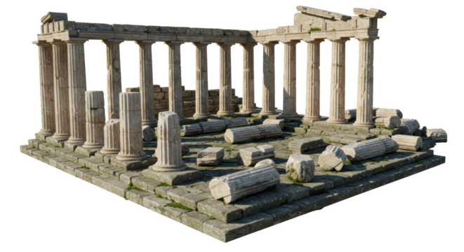 Majestic Ruins of an Ancient Temple with Scattered Columns