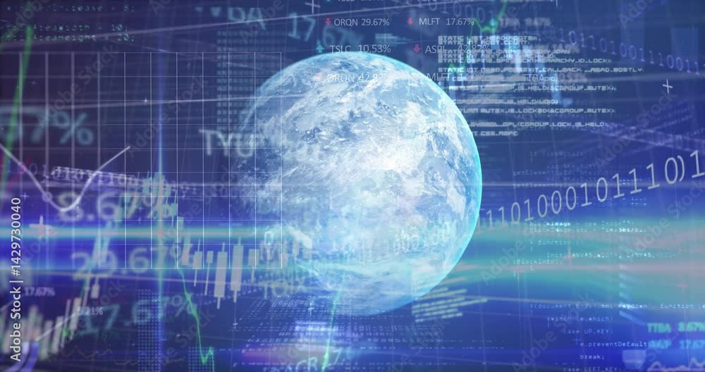 Poster digital-rendered earth globe rotating at center, streaming line graphs, bar charts, code and binary