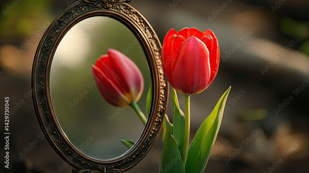 Poster a vibrant close-up of a red tulip reflected in a circular mirror. surrounded by lush green leaves. w