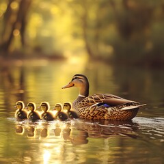 Fototapeta premium mother duck taking her ducklings to swim in a beautiful lake