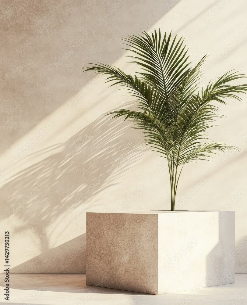 Poster a solitary palm tree in a minimalist setting. standing on a textured stone planter. with soft shadow
