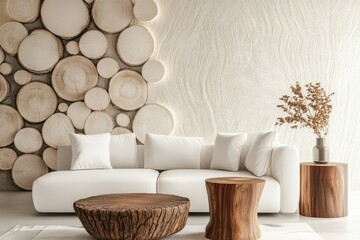 A modern living room featuring a stylish white sofa with decorative pillows. flanked by wooden side tables and potted plants. set against a rustic wall of stacked tree slices