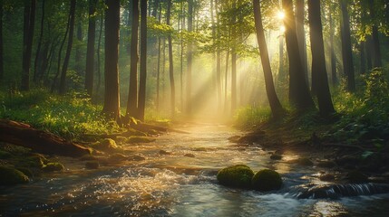 Fototapeta premium Sunlight streams through a misty forest creek.